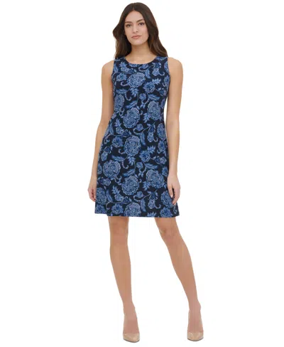 Tommy Hilfiger Women's Floral-print Sleeveless Mini Dress In Sky Cap,bl