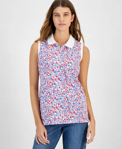 Tommy Hilfiger Women's Floral Print Sleeveless Polo Shirt In Brtwht,sca