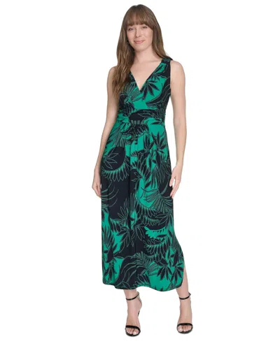 Tommy Hilfiger Women's Floral-print Sleeveless Ruched Dress In Sky Capatin,parakeet