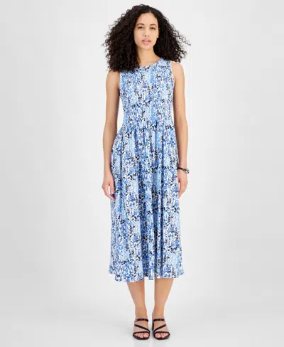 Tommy Hilfiger Women's Floral Print Smocked Sleeveless Midi Dress In Breeze Mlt