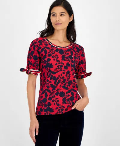 Tommy Hilfiger Women's Floral-print Tie-cuff T-shirt In Multi