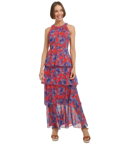 Tommy Hilfiger Women's Floral-print Tiered Halter Maxi Dress In Guava,ampa