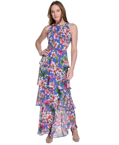 Tommy Hilfiger Women's Floral-print Tiered Halterneck Maxi Dress In Deep Ultramarine