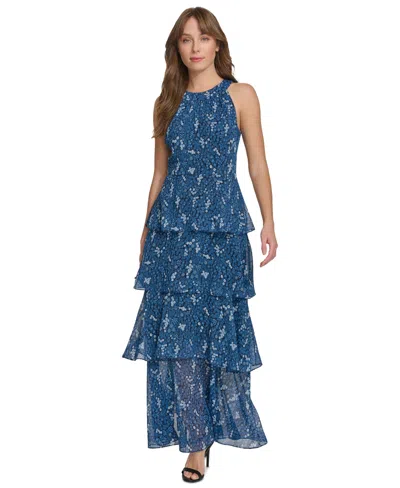 Tommy Hilfiger Women's Floral-print Tiered Maxi Dress In Sky Cap Bl