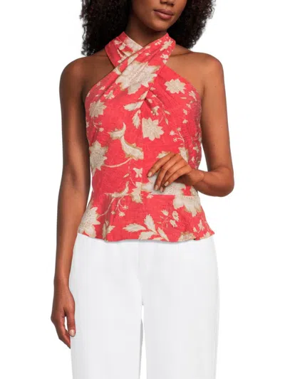 Tommy Hilfiger Women's Floral Print Twist Halter Peplum Top In Pink