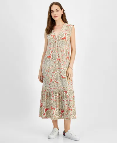 Tommy Hilfiger Women's Floral-print V-neck Tiered Midi Dress In Mineral Red,khaki