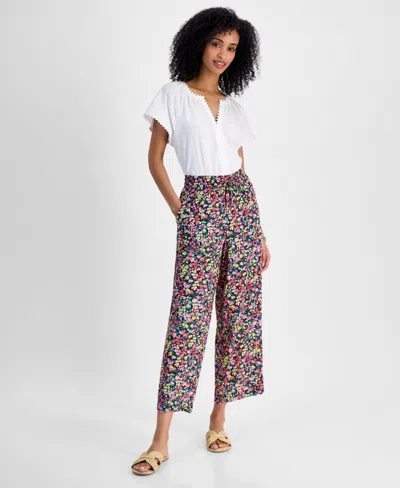 Tommy Hilfiger Women's Floral-print Wide-leg Pull-on Pants In Bright White