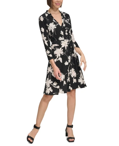 Tommy Hilfiger Women's Floral Ruffle-neck Wrap Dress In Black,seashell