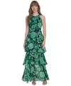 Tommy Hilfiger Women's Floral Ruffle-tiered Halter Maxi Dress In Skycaptain,green