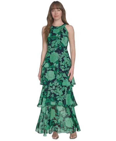Tommy Hilfiger Women's Floral Ruffle-tiered Halter Maxi Dress In Skycaptain,green