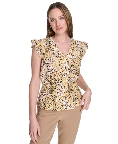 Tommy Hilfiger Women's Floral Smocked-waist Ruffle-sleeve Top In Brown