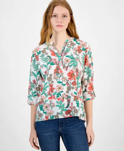 Tommy Hilfiger Women's Floral Split-neck Top In Ivory Multi