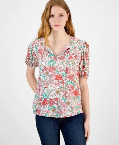 Tommy Hilfiger Plus Size Floral-print Pintucked Top, Exclusively At Macy's In Bright White Multi