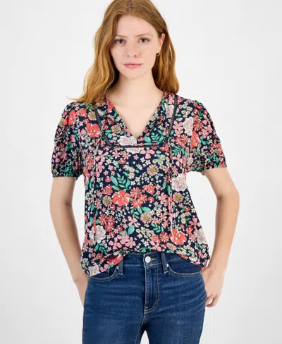 Tommy Hilfiger Women's Floral Tie-neck Puff-sleeve Top In Sky Captain Multi