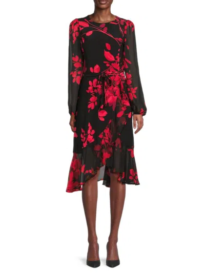 Tommy Hilfiger Women's Floral Tie-waist Belt A-line Knee-length Dress In Black