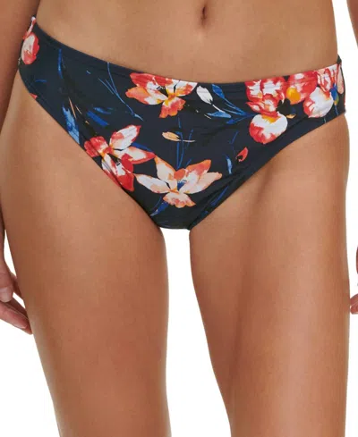 Tommy Hilfiger Women's Floral-print Bikini Bottoms In Navy Coral Water Iris In Black
