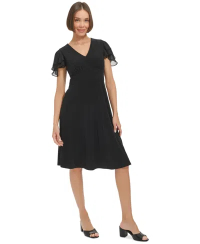 Tommy Hilfiger Women's Flutter-sleeve Fit & Flare Dress In Black