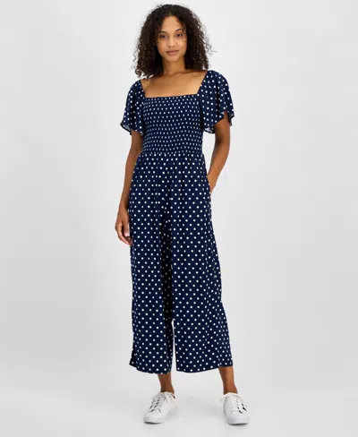 Tommy Hilfiger Women's Flutter-sleeve Polka Dot Jumpsuit In Sky Captain,ivory