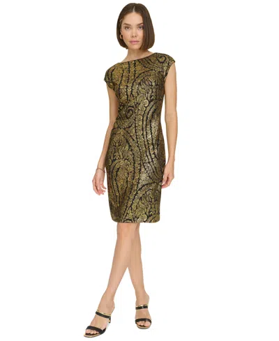 Tommy Hilfiger Women's Foil-printed Cap-sleeve Dress In Black,gold