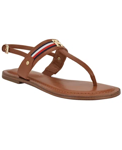 TOMMY HILFIGER WOMEN'S GABRY SIGNATURE STRIPE T-STRAP FLAT SANDALS
