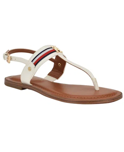 TOMMY HILFIGER WOMEN'S GABRY SIGNATURE STRIPE T-STRAP FLAT SANDALS