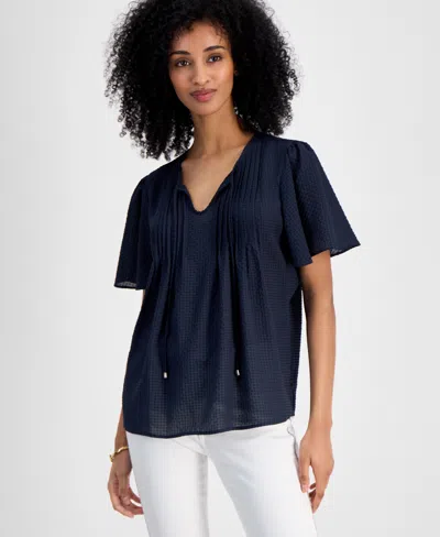 Tommy Hilfiger Women's Gingham Pintucked Top In Sky Captain