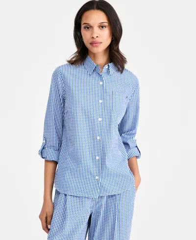 Tommy Hilfiger Women's Gingham Print Roll-tab Shirt In Blue