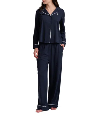 Tommy Hilfiger Women's Girlfriend Long-sleeve Notch Collar Button-up Top And Pant Pajama Set In Blue