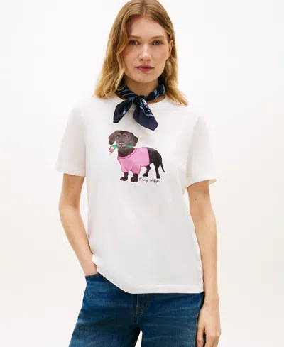 Tommy Hilfiger Women's Graphic Dog Print T-shirt In White