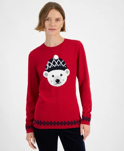 Tommy Hilfiger Women's Pom Beanie Bear Graphic Sweater In Chili Pepp