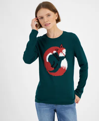 Tommy Hilfiger Fox Womens Graphic Cotton Pullover Sweater In Forest - Fox