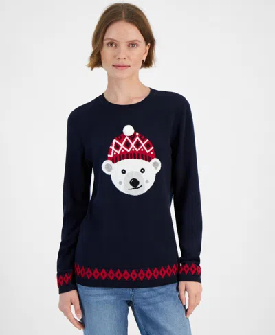 Tommy Hilfiger Women's Pom Beanie Bear Graphic Sweater In Sky Capt