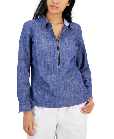 Tommy Hilfiger Women's Half-zip Roll-tab Shirt In Blue