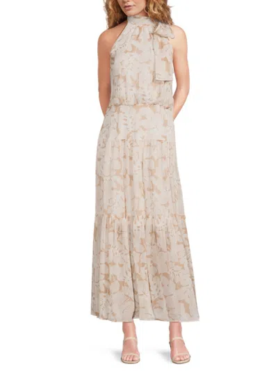 Tommy Hilfiger Women's Halter Tie-neck Metallic Floral Maxi Dress In Neutral