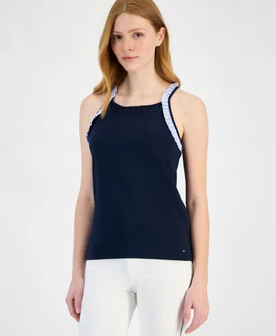 Tommy Hilfiger Women's High-neck Ruffle-trim Cotton Tank Top