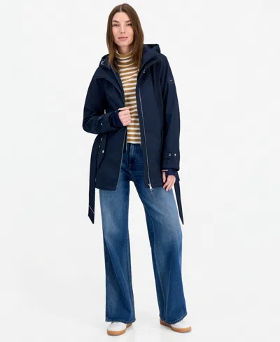 Tommy Hilfiger Women's Hooded Belted Softshell Coat, Created For Macy's In Navy