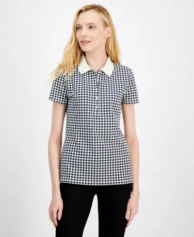 Tommy Hilfiger Women's Houndstooth-print Collared Top In Sky Captain