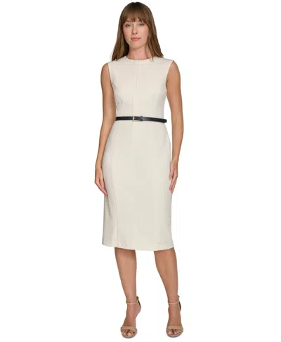 Tommy Hilfiger Women's Textured Belted Sheath Knee Length Dress In Pearl
