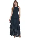 Tommy Hilfiger Women's Jacquard Halter-neck Sleeveless Tiered Dress In Sky Captain