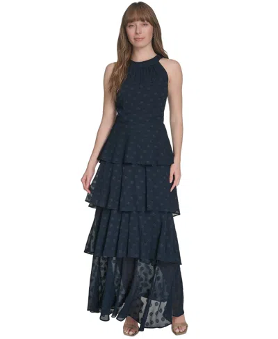 Tommy Hilfiger Women's Jacquard Halter-neck Sleeveless Tiered Dress In Sky Captain