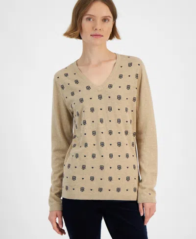 Tommy Hilfiger Women's Jacquard Logo Sweater In Lthtr Fwn