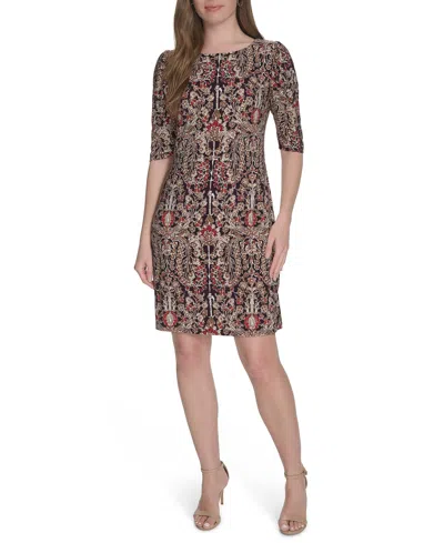 Tommy Hilfiger Women's Jersey Printed Ruched-sleeve Shift Dress In Brown