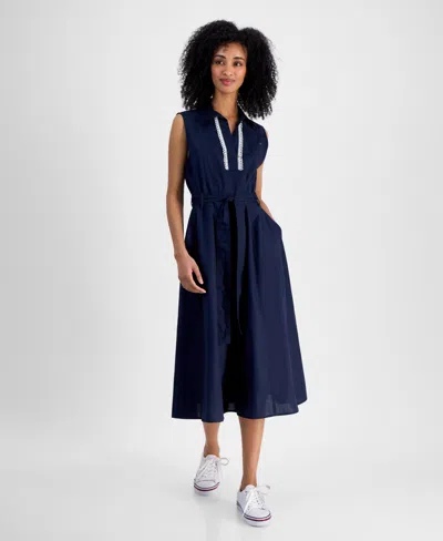 Tommy Hilfiger Women's Lace-detail Cotton Shirt Dress In Sky Captain