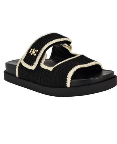 Tommy Hilfiger Women's Landyn Crochet Double Band Flat Sandals In Black,white
