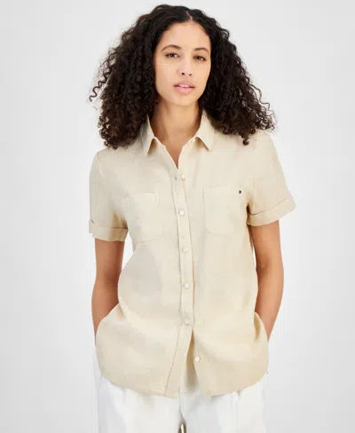 Tommy Hilfiger Women's Linen-blend Short-sleeve Button-front Shirt In Sand,wht