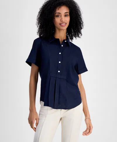 Tommy Hilfiger Women's Linen-blend Short-sleeve Shirt In Sky Captain