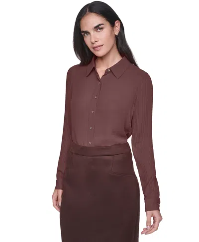 Tommy Hilfiger Women's Long-sleeve Button-front Pleated-sleeve Blouse In Brown