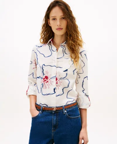 Tommy Hilfiger Women's Long-sleeve Collared Printed Shirt In White