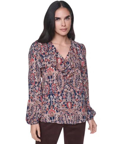 Tommy Hilfiger Women's Long-sleeve Floral-print Ruffle-trim V-neck Blouse In Multi
