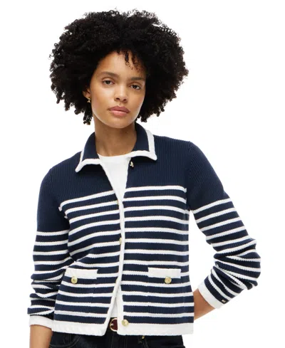 Tommy Hilfiger Women's Long-sleeve Striped Knit Jacket In Blue
